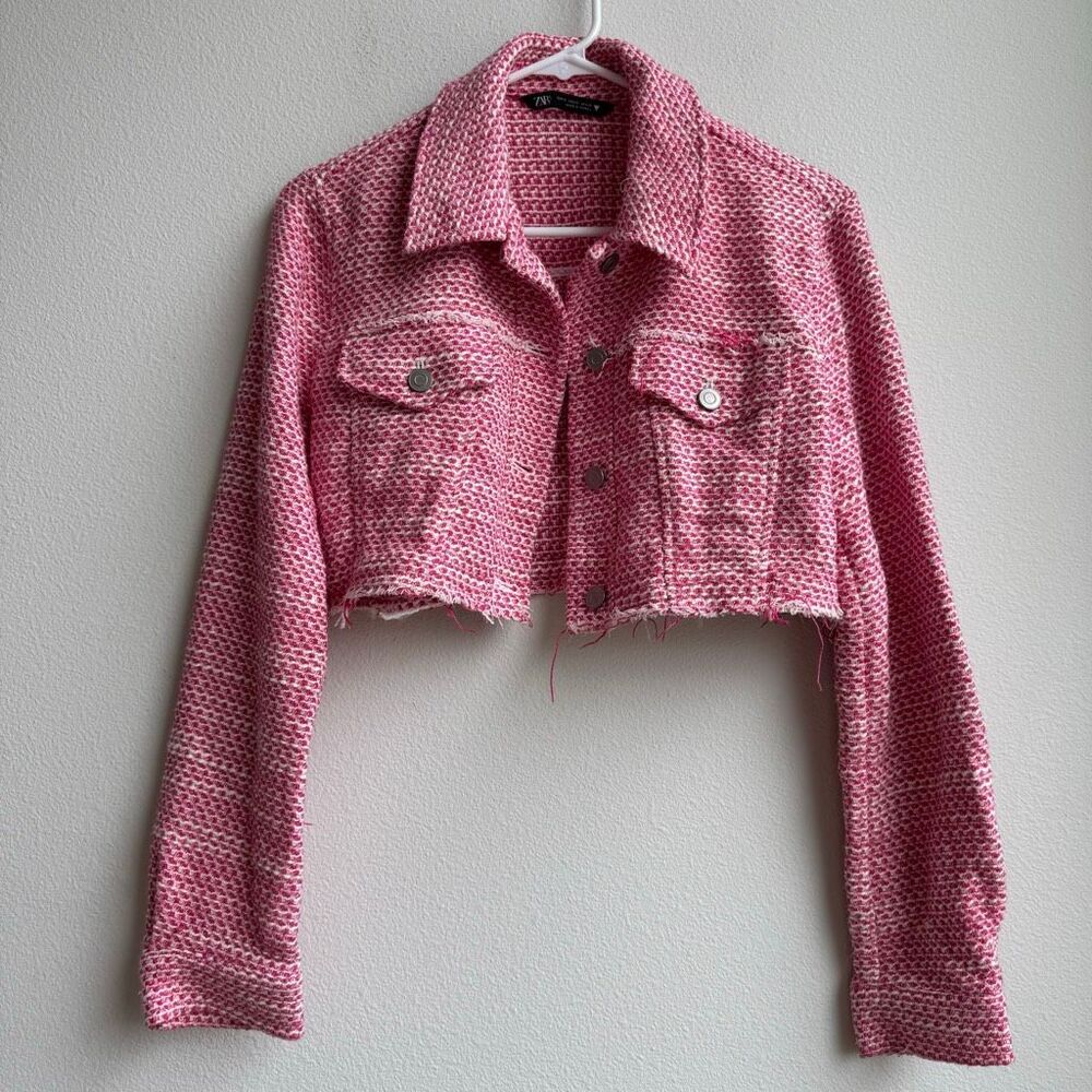 ZARA Pink Textured Weave Tweed Preppy Cropped Blazer Women’s Size Small